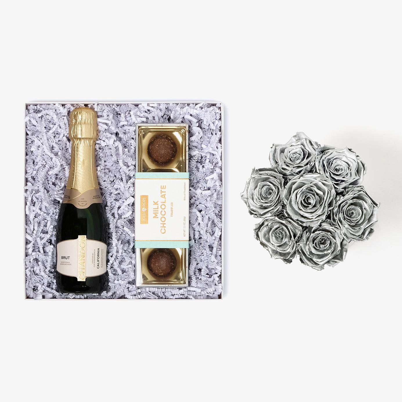 Champagne & Truffles - Medium Bloom Box - Silver Rose - Black Box
