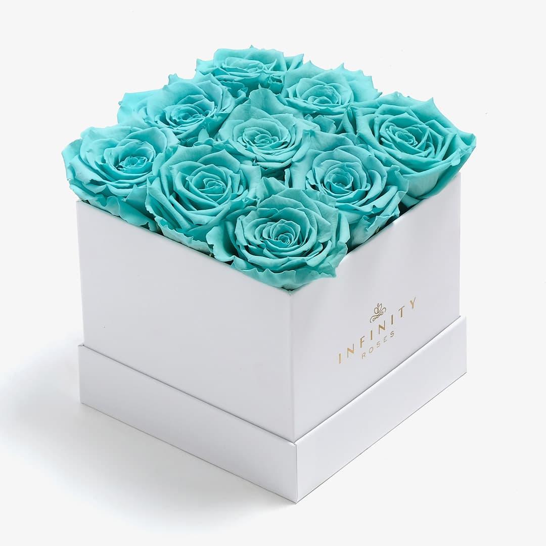 Medium Square Rose Box - Turquoise Rose - White Box