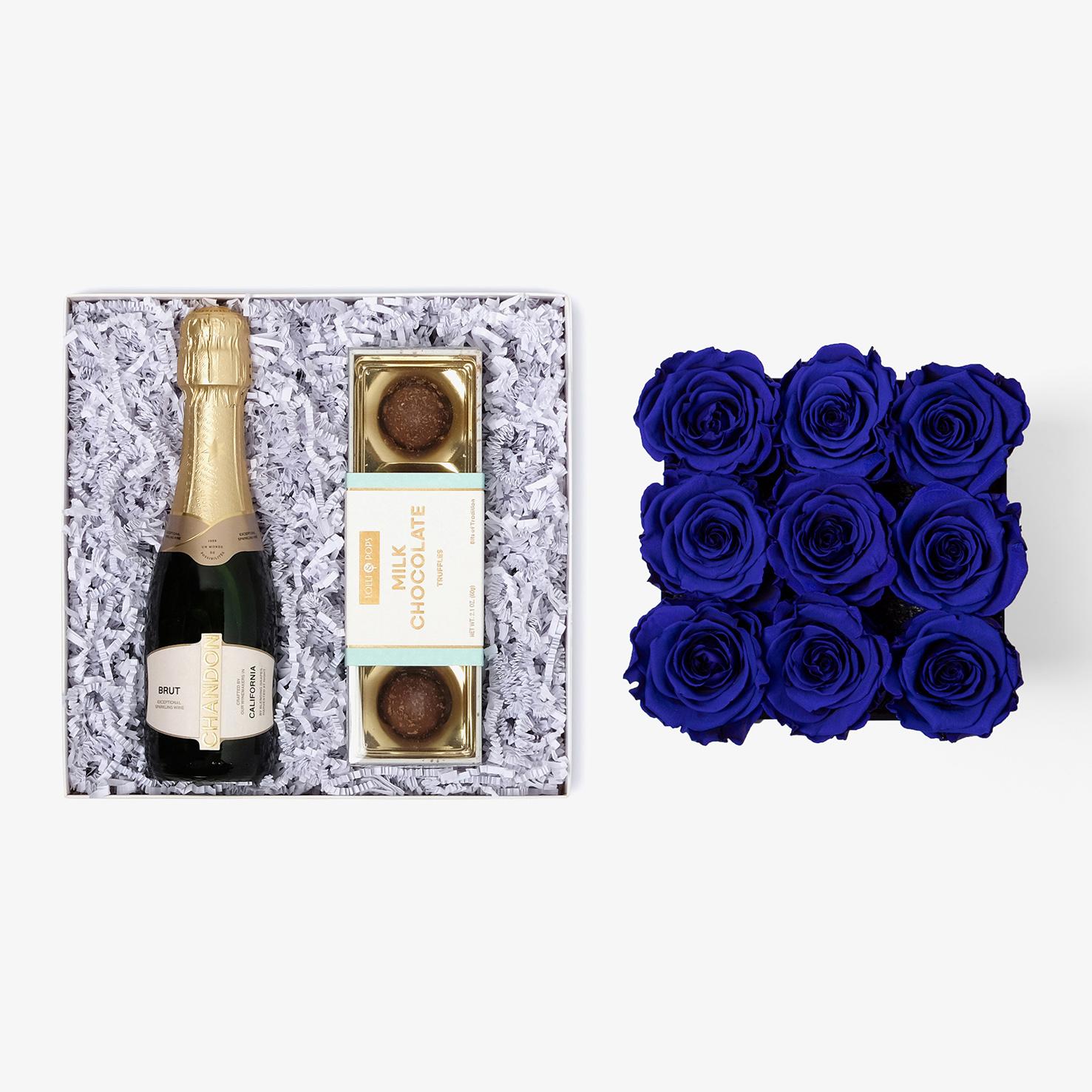 Champagne & Truffles - Medium Square Box - Royal Blue Rose - White Box
