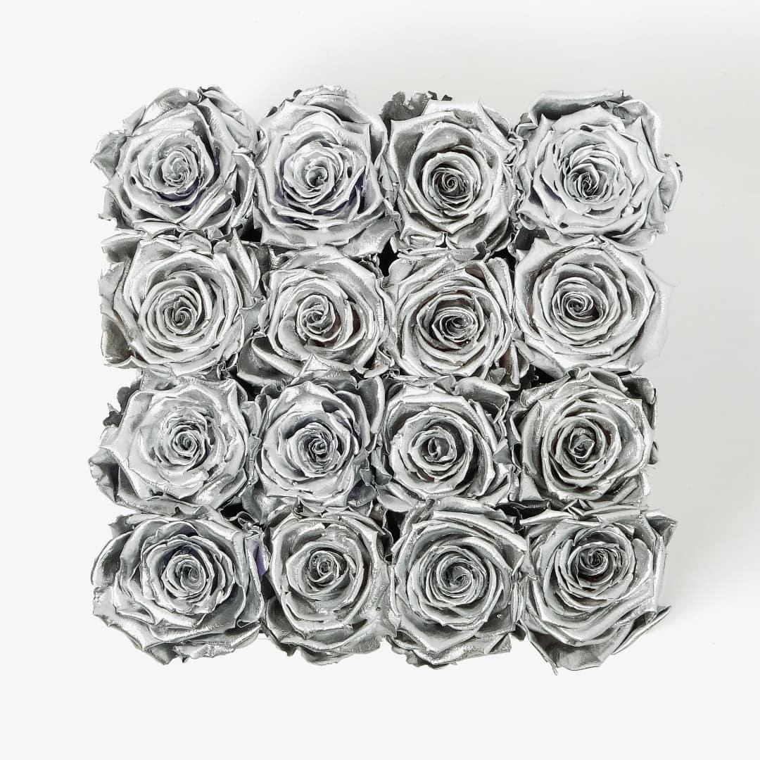 Large Square Rose Box - Silver Rose - Black Box