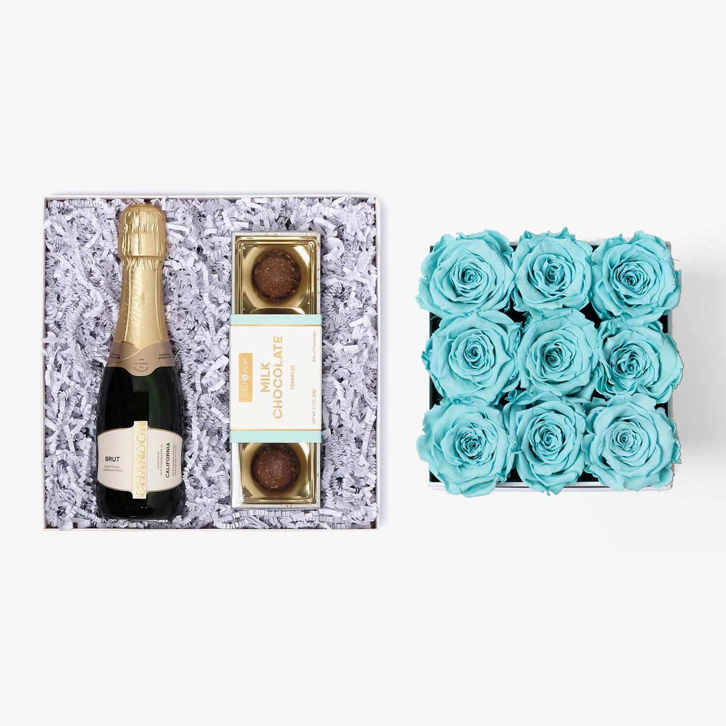 Champagne & Truffles - Medium Square Box - Turquoise Rose - Black Box