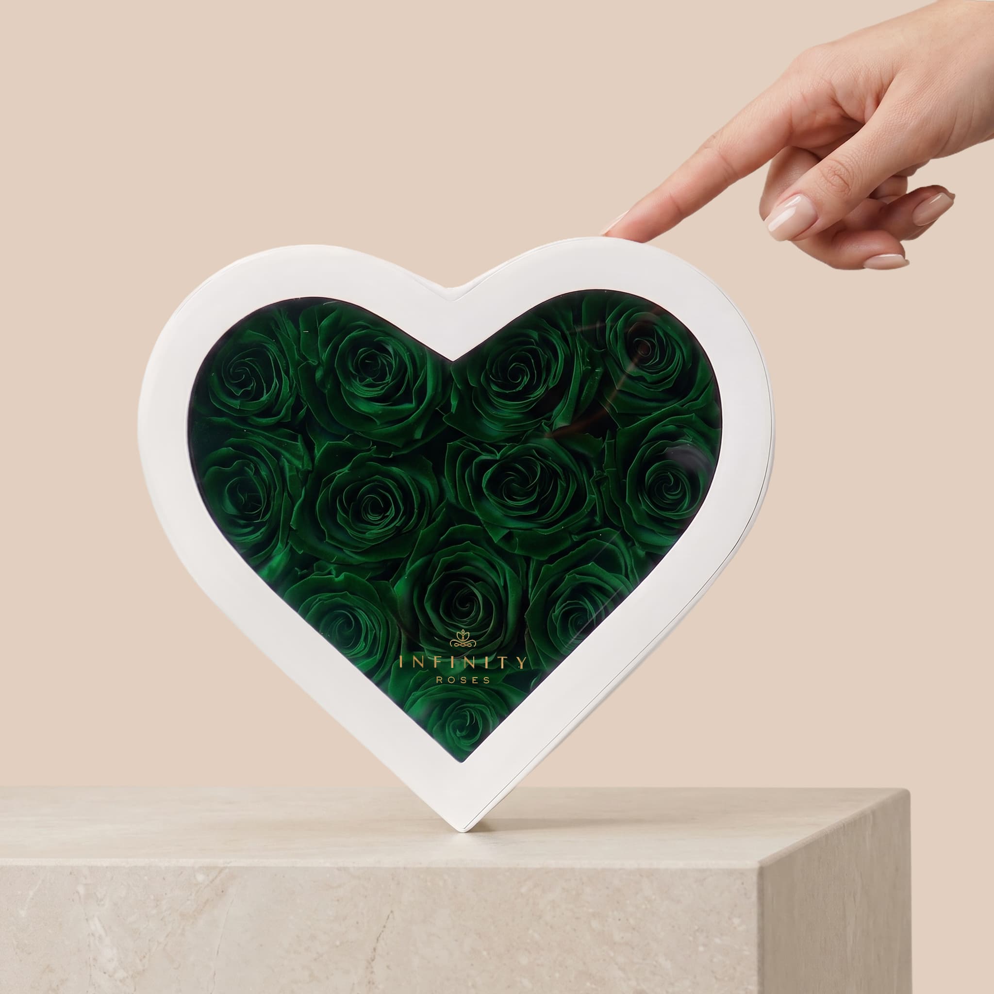 Medium Heart Box - Emerald Green Rose - White Box