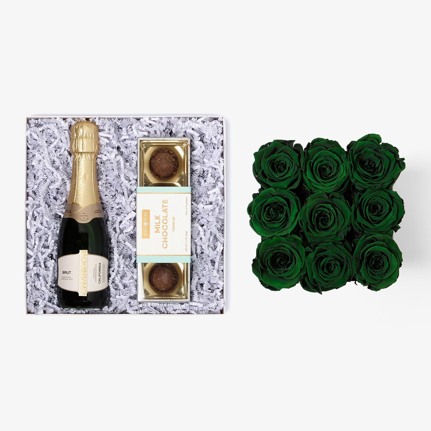 Champagne & Truffles - Medium Square Box - Emerald Green Rose - Black Box