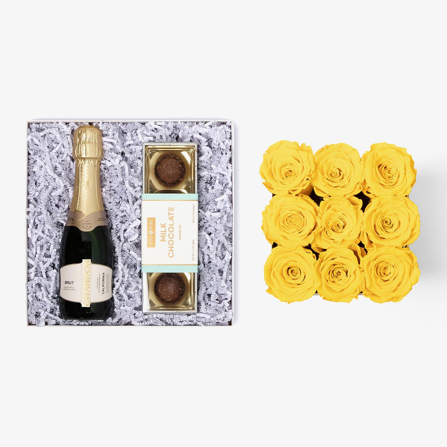 Champagne & Truffles - Medium Square Box - Yellow Rose - White Box