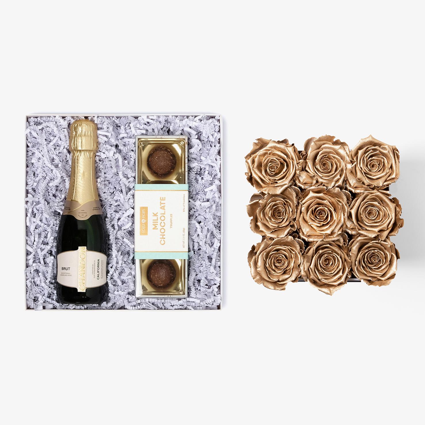 Champagne & Truffles - Medium Square Box - Gold Rose - Black Box