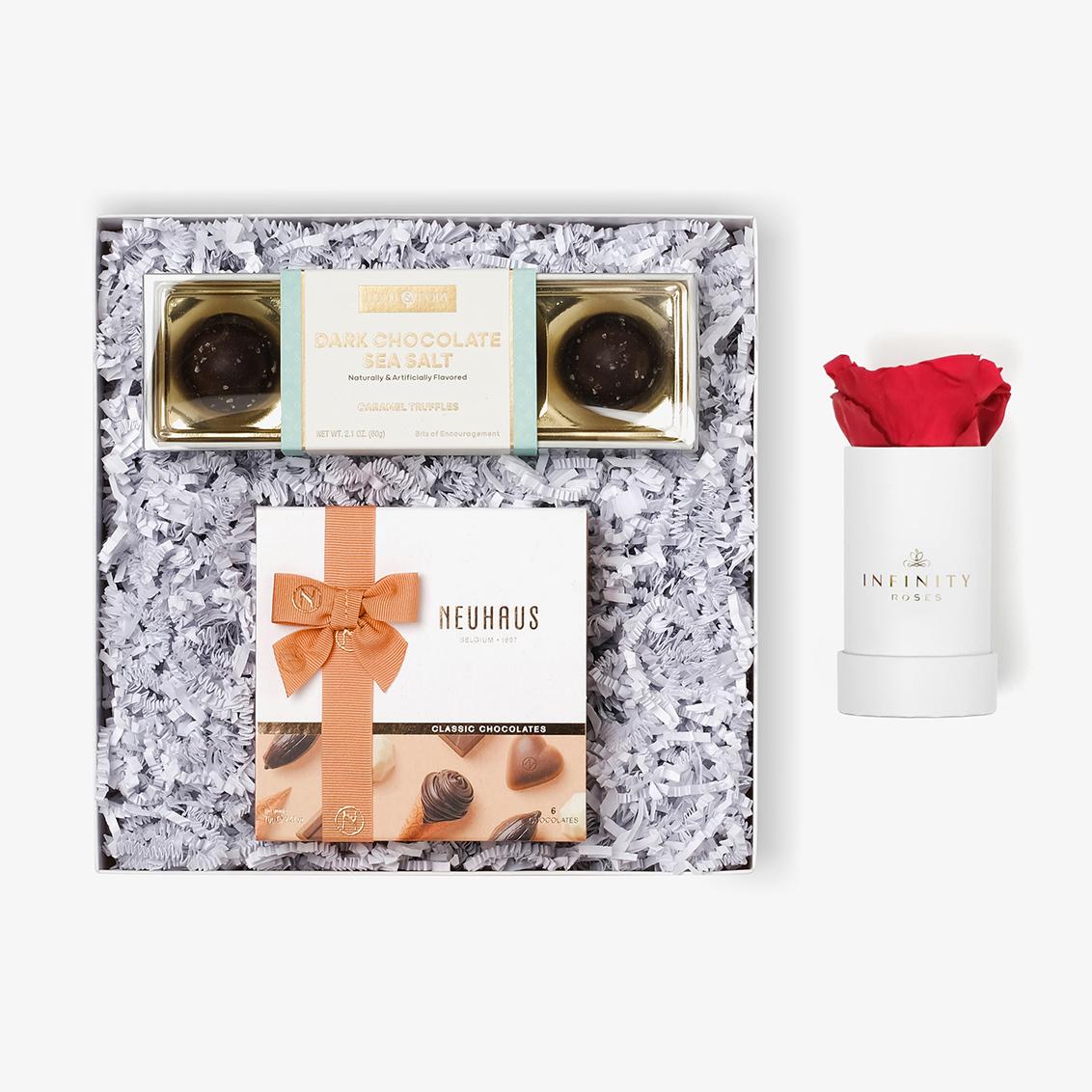 Chocolate Duo Luxe - Single Rose Box - Red Rose - White Box