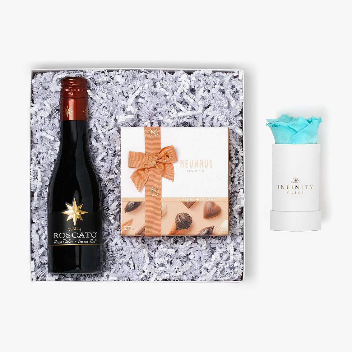 Wine & Truffles - Single Rose Box - Turquoise Rose - White Box