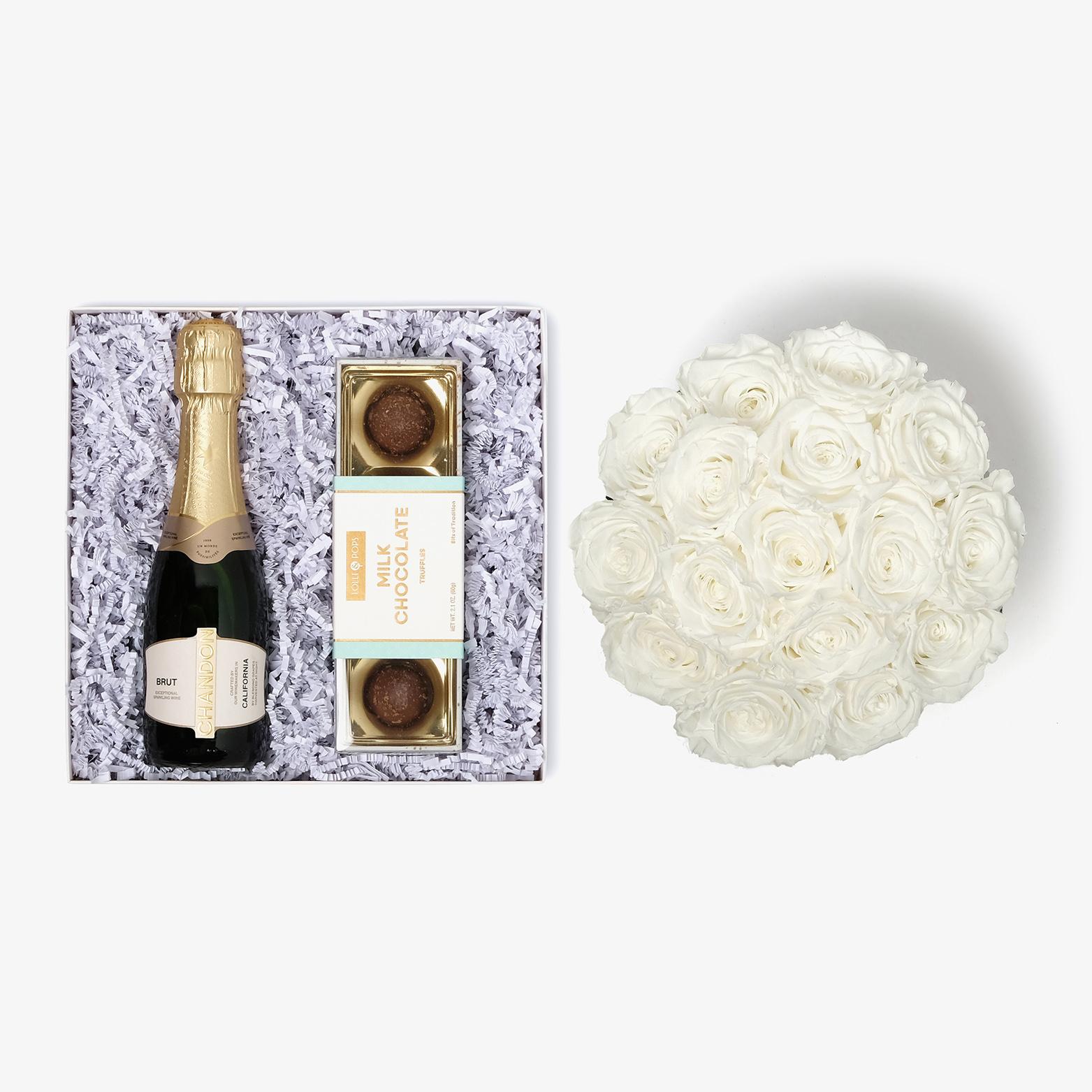 Champagne & Truffles - Large Bloom Box - White Rose - Black Box