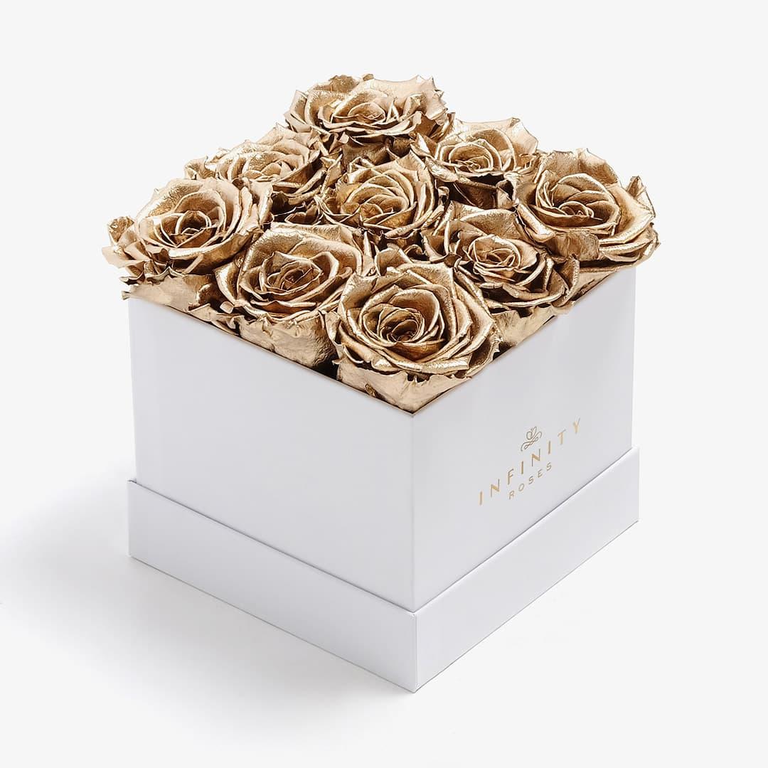 Medium Square Rose Box - Gold Rose - White Box