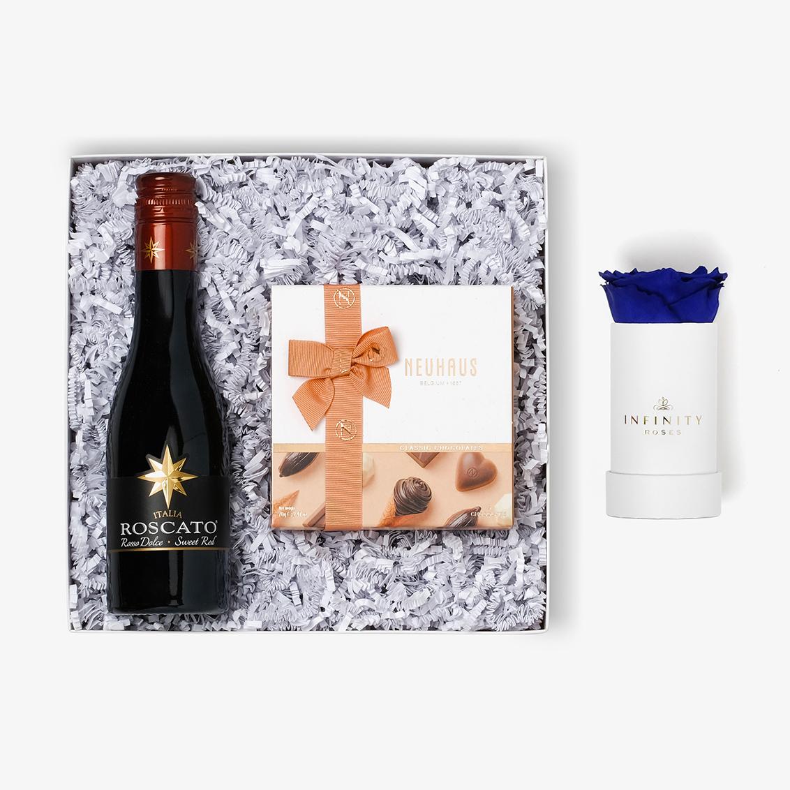 Wine & Truffles - Single Rose Box - Royal Blue Rose - White Box