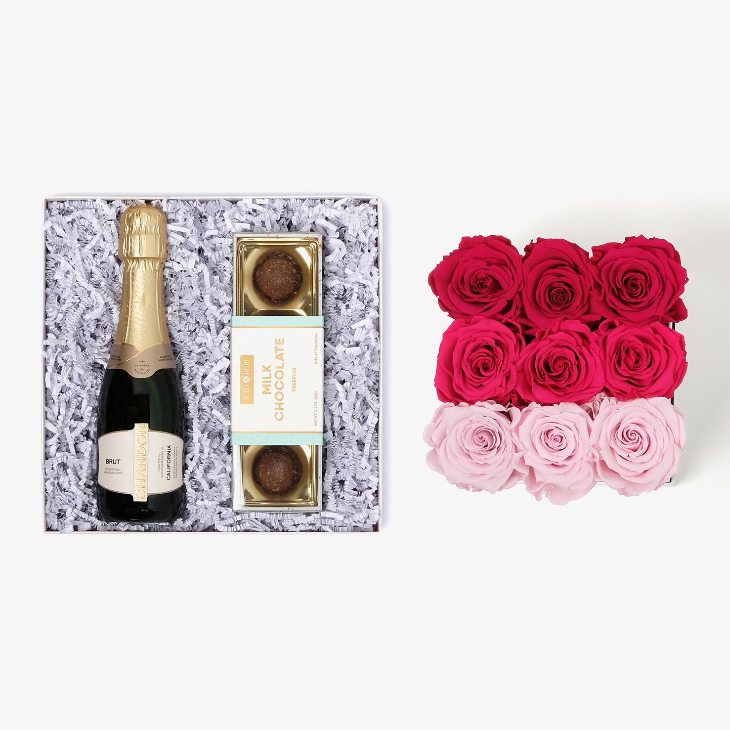 Champagne & Truffles - Medium Square Box - Pink Ombre Rose - Black Box
