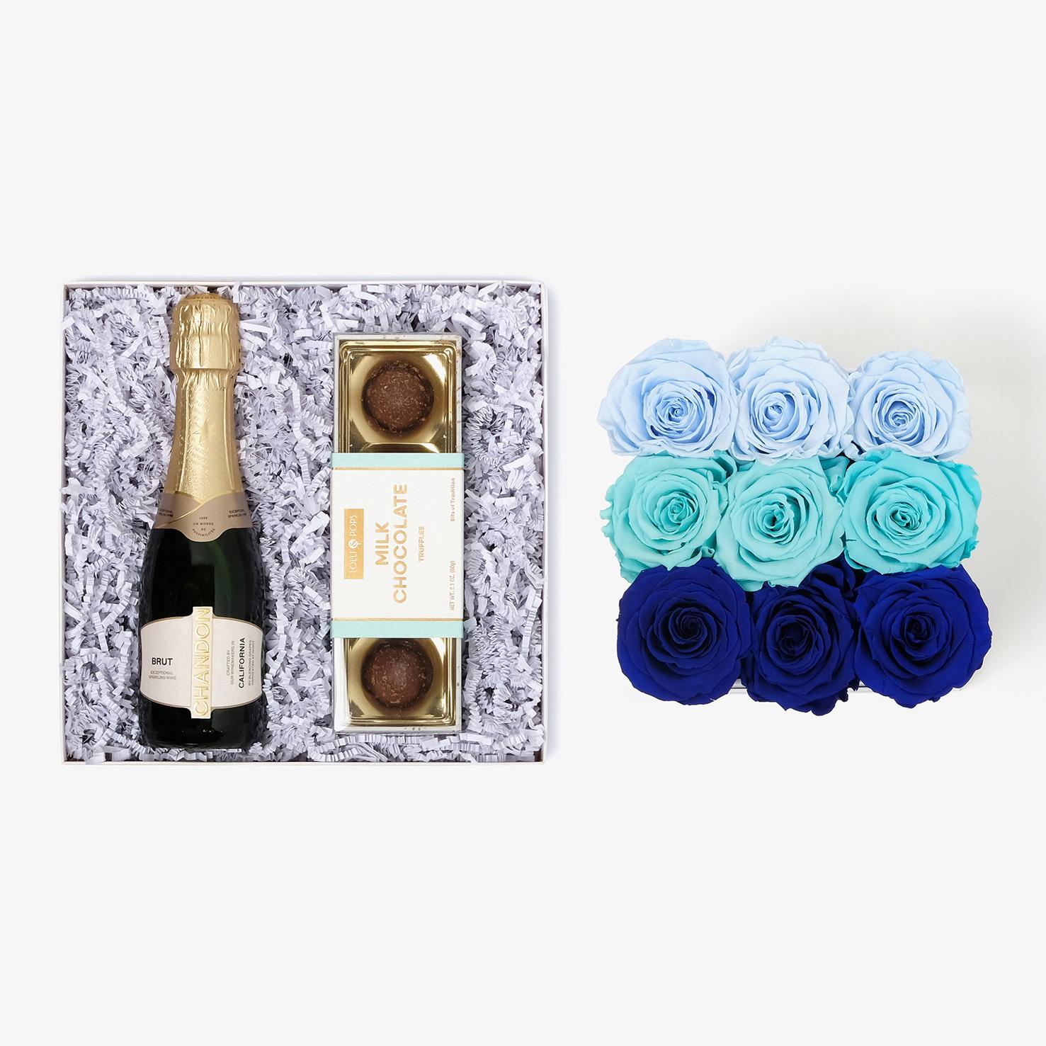 Champagne & Truffles - Medium Square Box - Blue Ombre Rose - White Box