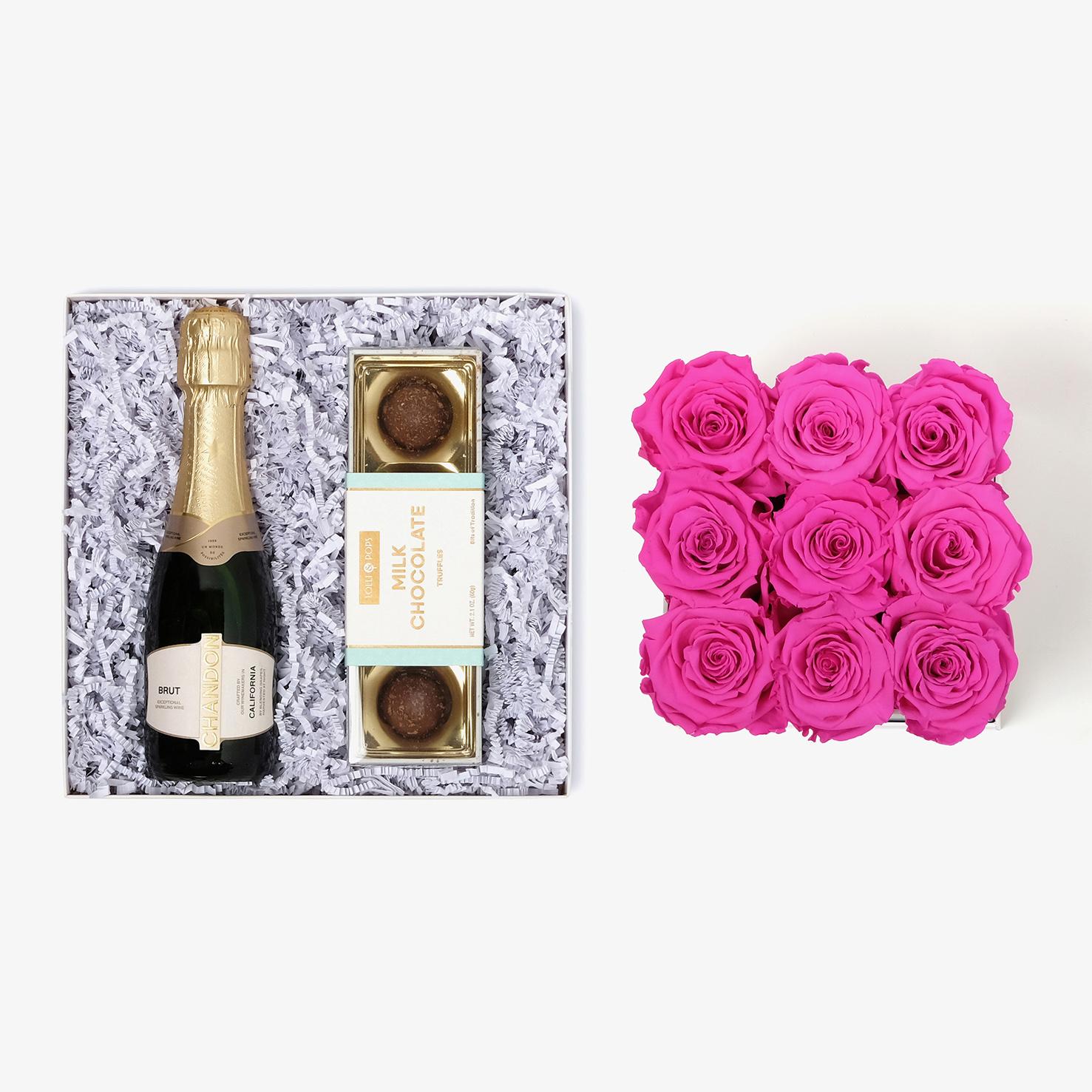 Champagne & Truffles - Medium Square Box - Hot Pink Rose - Black Box