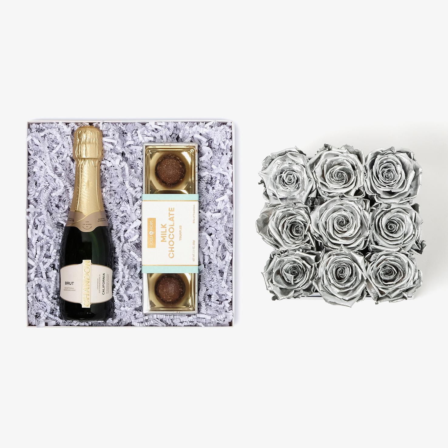Champagne & Truffles - Medium Square Box - Silver Rose - White Box