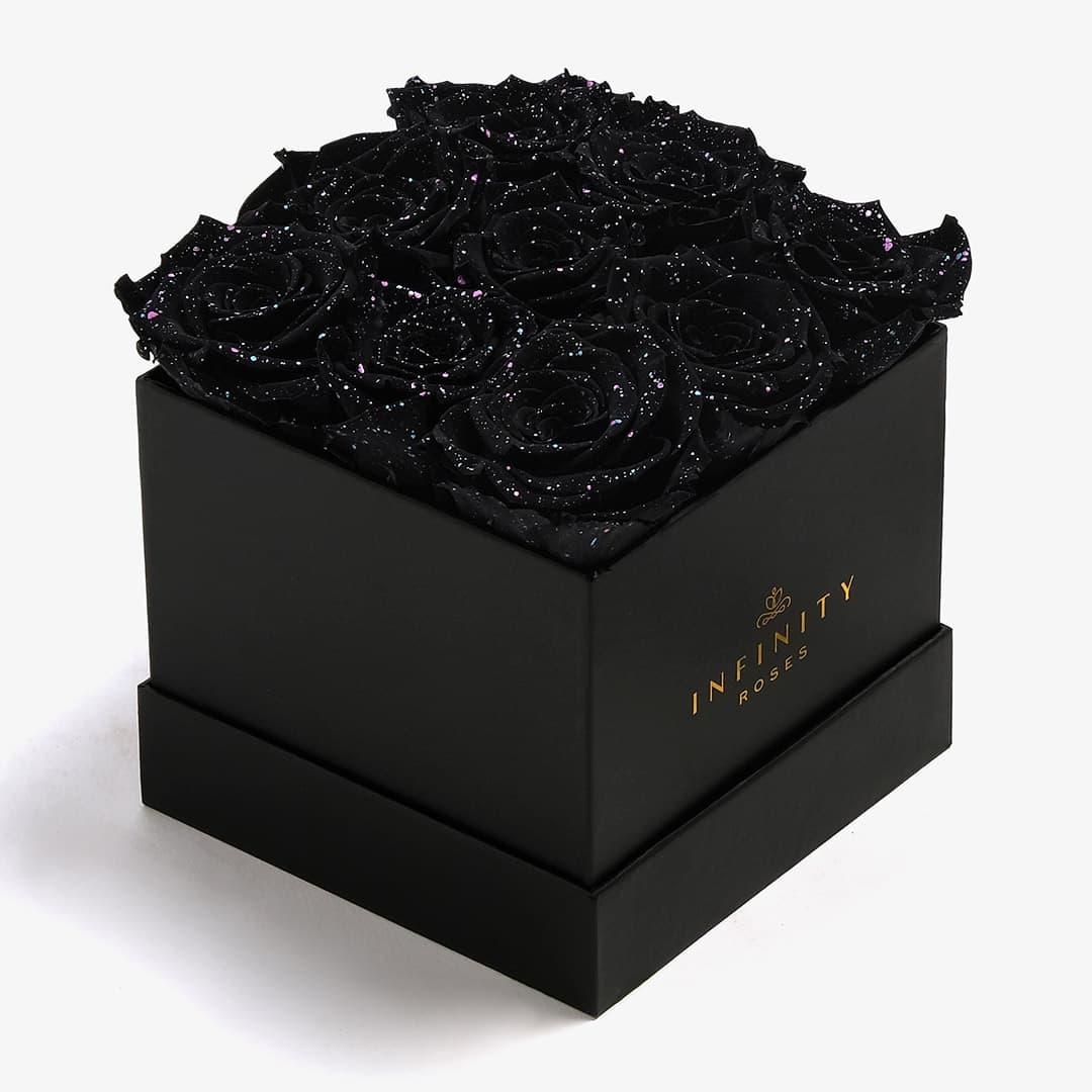 Medium Square Rose Box - Black Galaxy Rose - Black Box