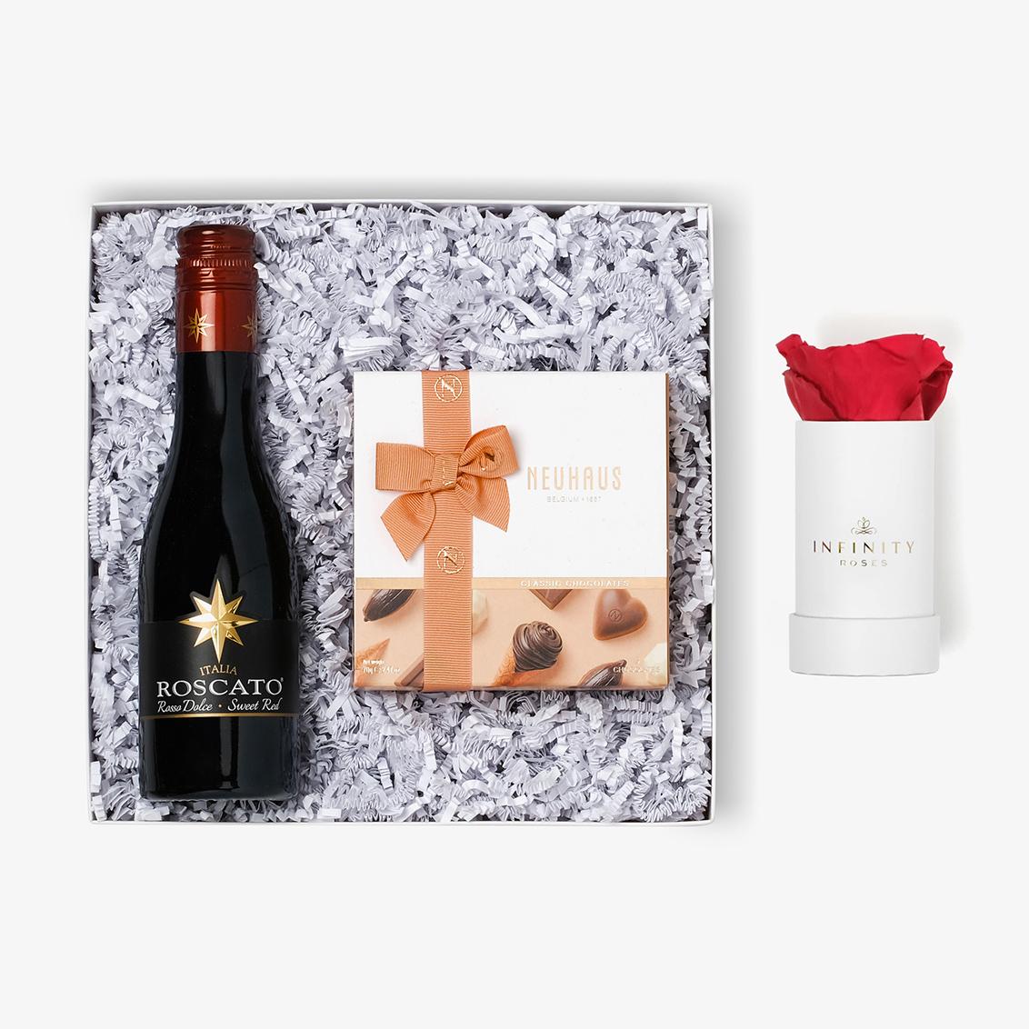 Wine & Truffles - Single Rose Box - Red Rose - White Box
