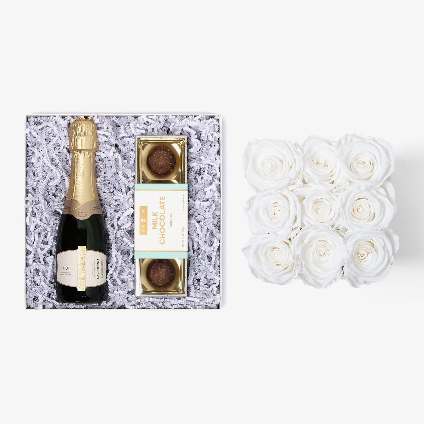 Champagne & Truffles - Medium Square Box - White Rose - Black Box