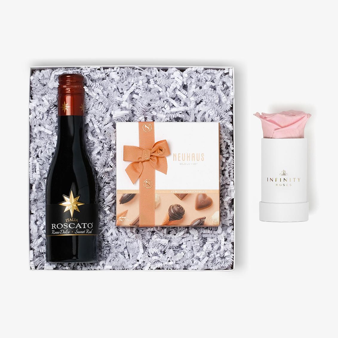 Wine & Truffles - Single Rose Box - Pink Rose - White Box