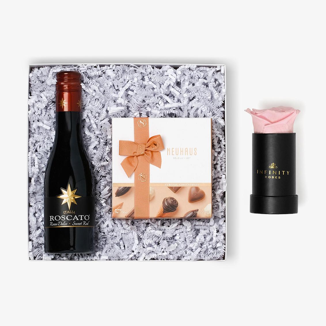 Wine & Truffles - Single Rose Box - Pink Rose - Black Box