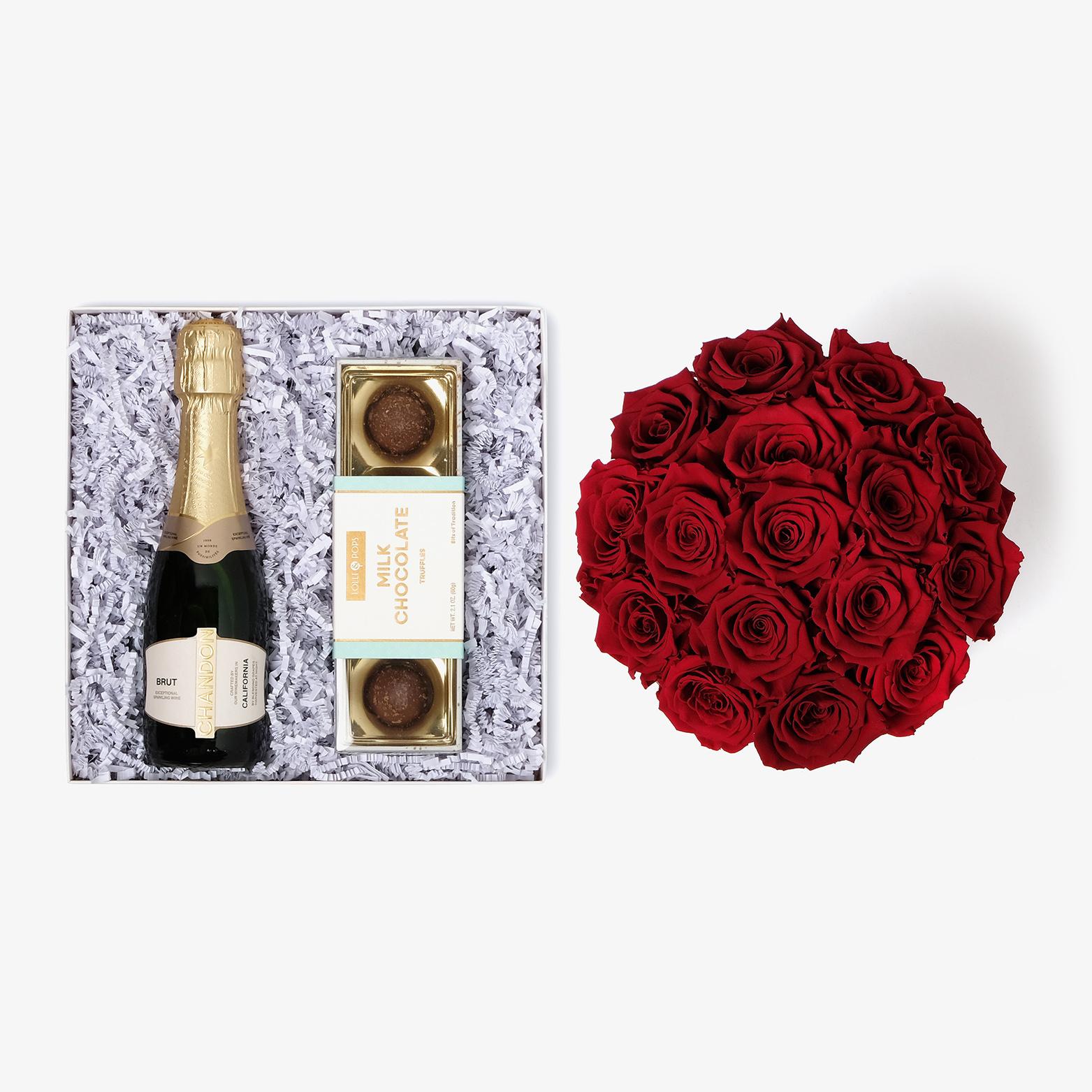 Champagne & Truffles - Large Bloom Box - Red Rose - Black Box