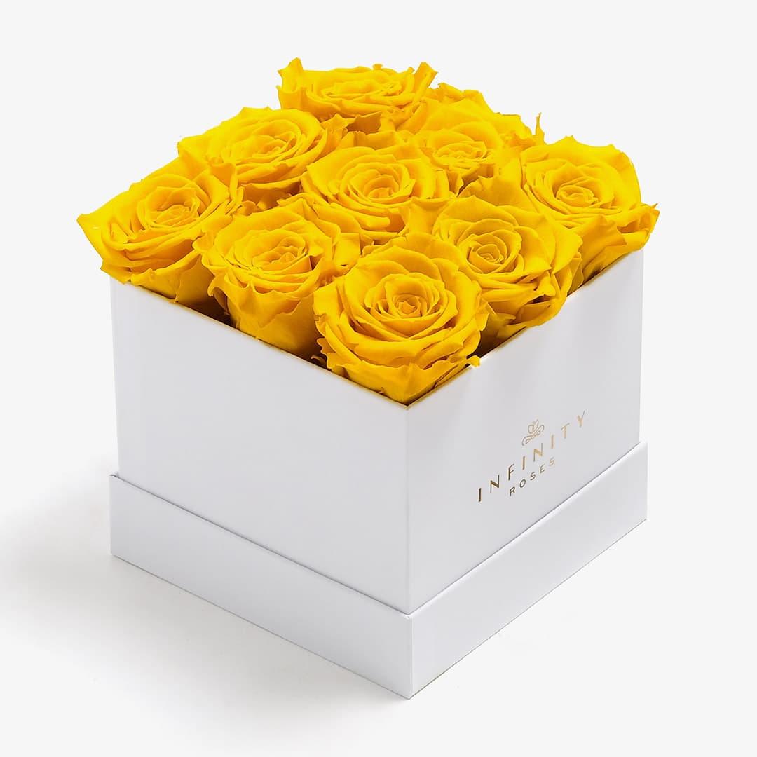 Medium Square Rose Box - Yellow Rose - White Box
