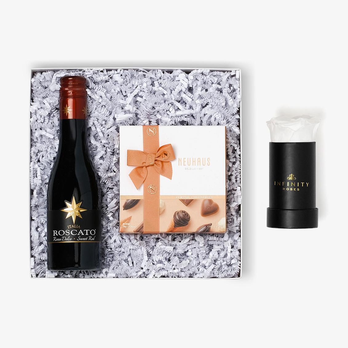 Wine & Truffles - Single Rose Box - White Rose - Black Box