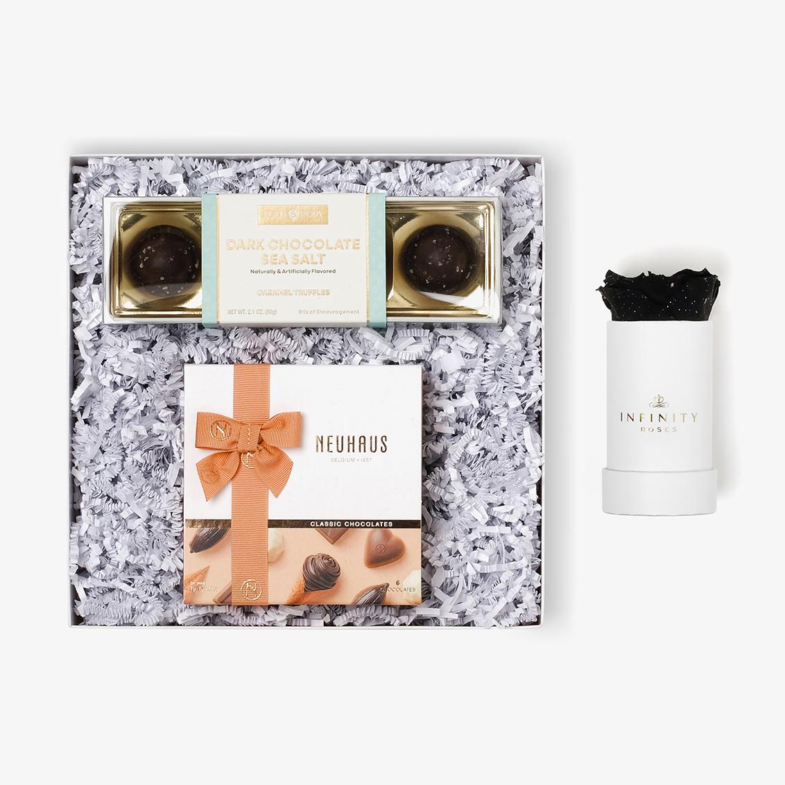 Chocolate Duo Luxe - Single Rose Box - Black Galaxy Rose - White Box