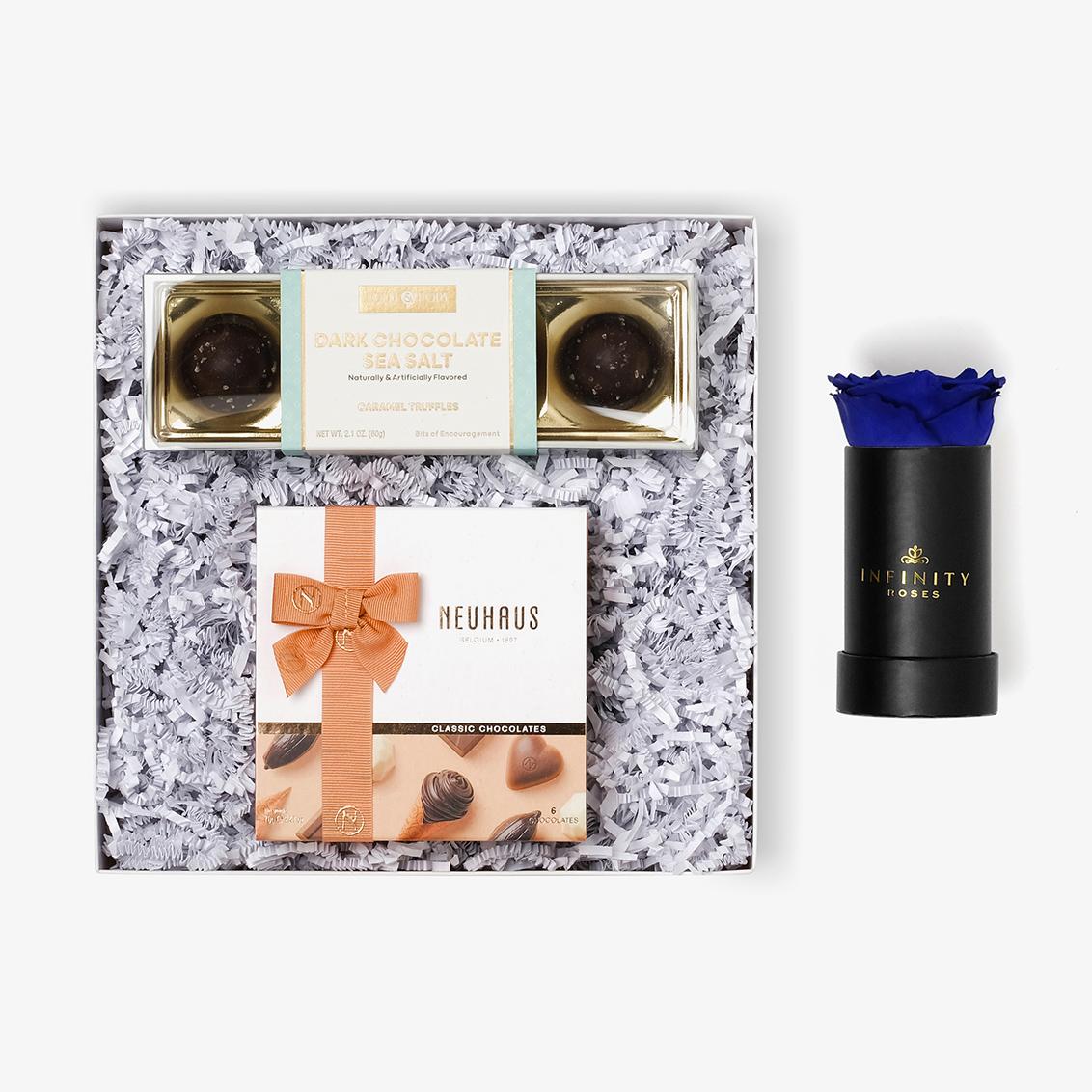 Chocolate Duo Luxe - Single Rose Box - Royal Blue Rose - Black Box