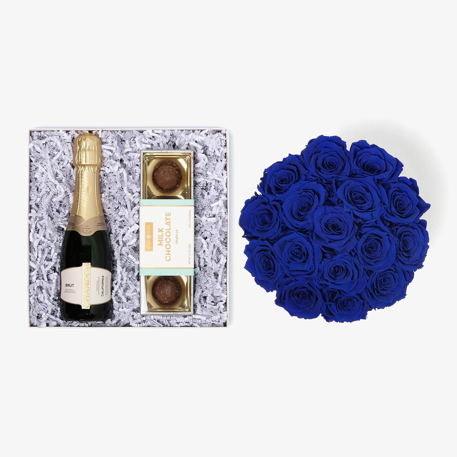 Champagne & Truffles - Large Bloom Box - Royal Blue Rose - Black Box