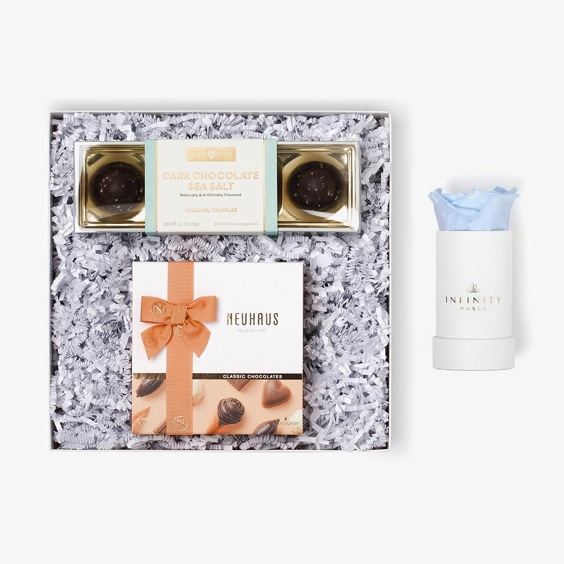 Chocolate Duo Luxe - Single Rose Box - Baby Blue Rose - White Box