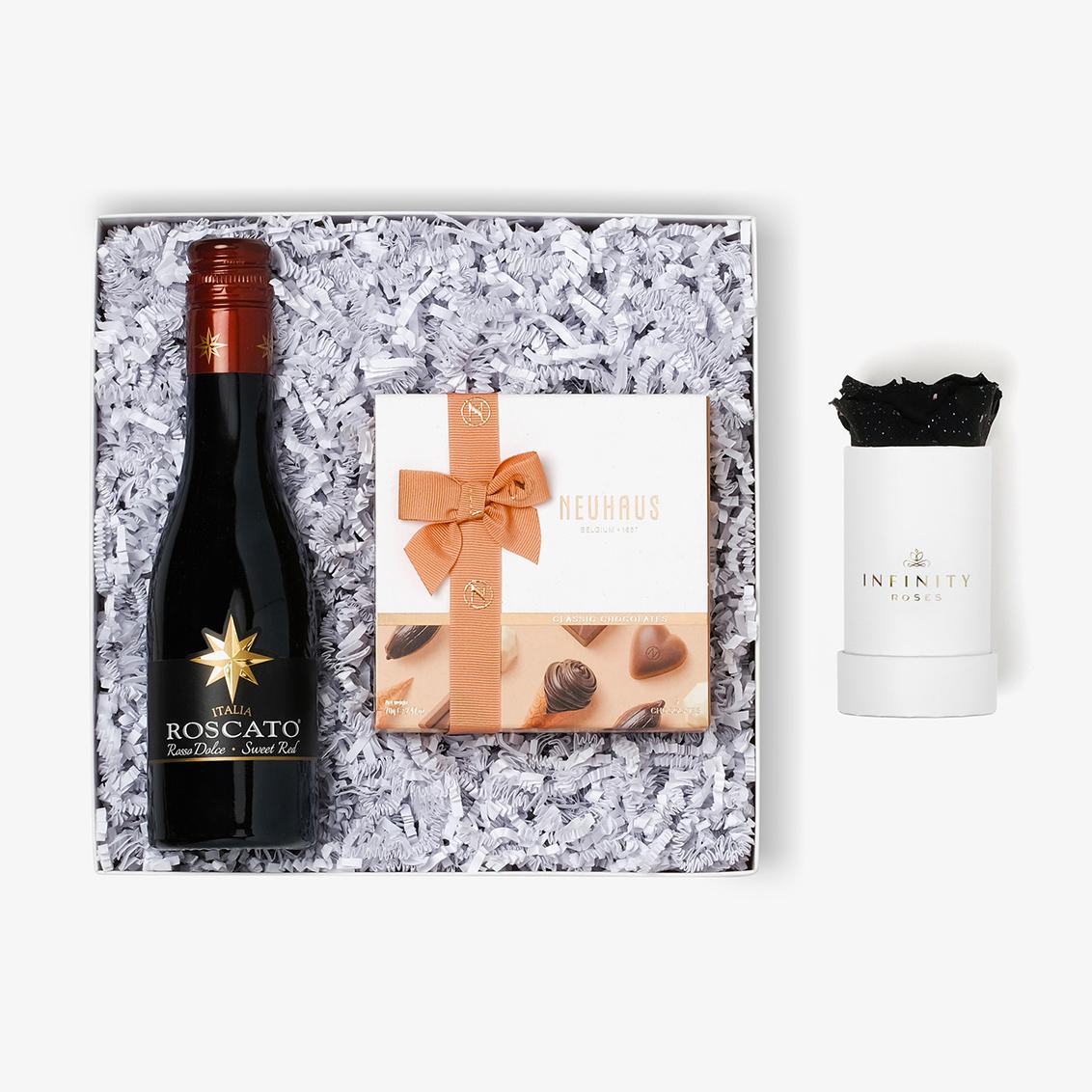 Wine & Truffles - Single Rose Box - Black Galaxy Rose - White Box
