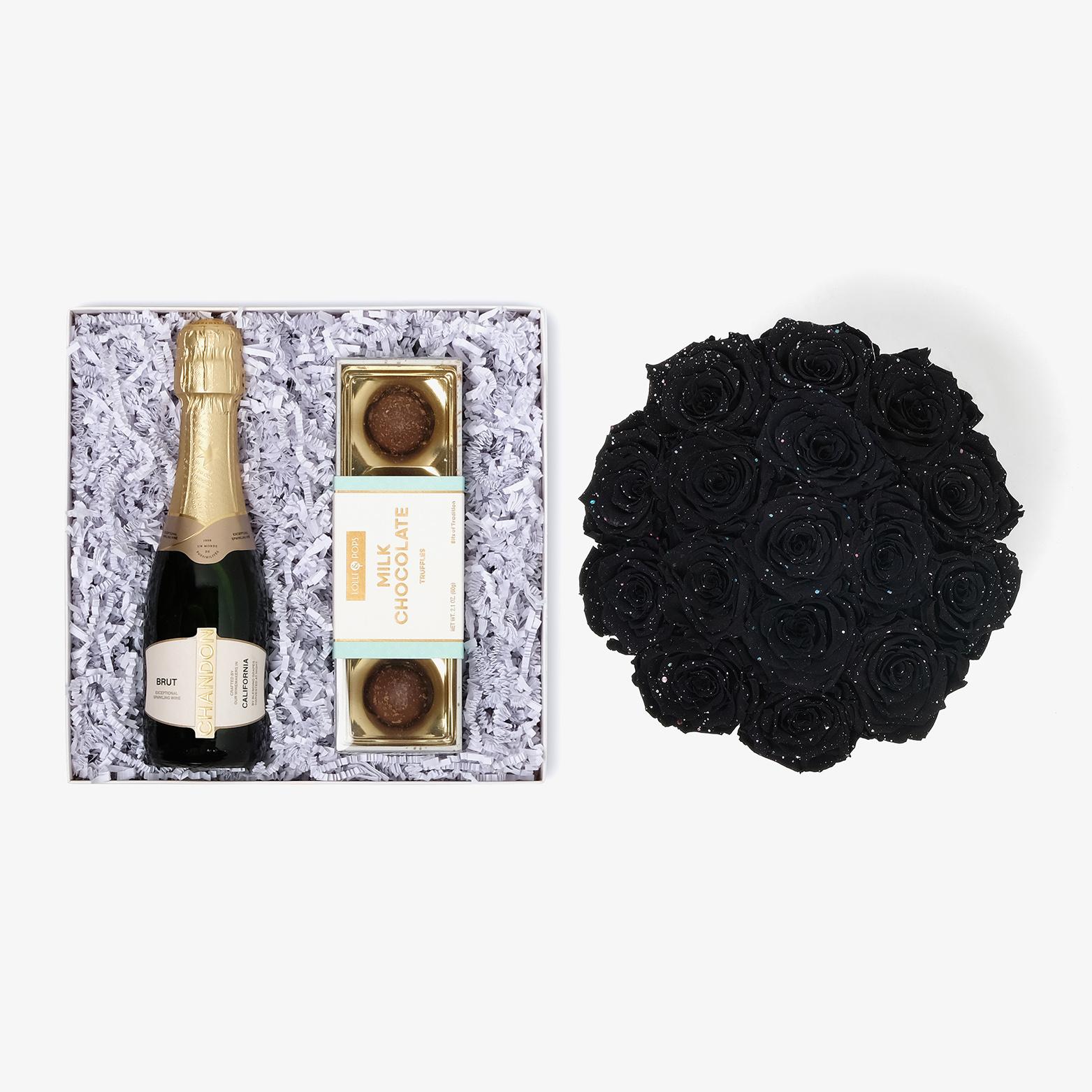Champagne & Truffles - Large Bloom Box - Black Galaxy Rose - Black Box