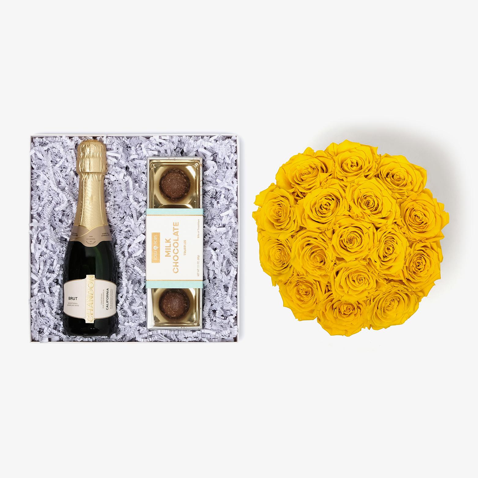 Champagne & Truffles - Large Bloom Box - Yellow Rose - White Box